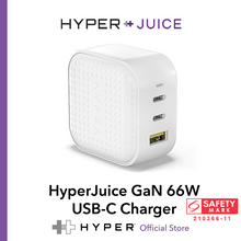 Load image into Gallery viewer, HyperJuice GaN 66W USB-C Charger — World's smallest 66W (2 x USB-C / 1 x USB-A) charger. Free worldwide pin converters.
