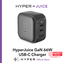 Load image into Gallery viewer, HyperJuice GaN 66W USB-C Charger — World's smallest 66W (2 x USB-C / 1 x USB-A) charger. Free worldwide pin converters.