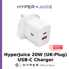 Load image into Gallery viewer, HyperJuice 20W USB-C Charger (Fixed UK-Plug) — Quick charge all USB-C devices (Max. 20W USB-C and Max. 18W USB-A Ports)
